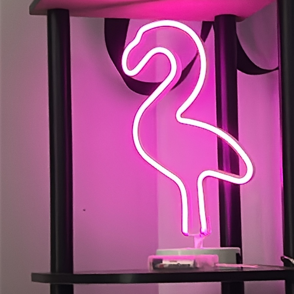 12” Pink Flamingo LED Neon Light on white stand - Battery operated